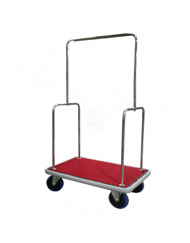 Carrello portabagagli "bus" in acciaio inox piano in moquette rossa -  4 ruote in gomma blu - Ø 20 - cm  60x103x170h