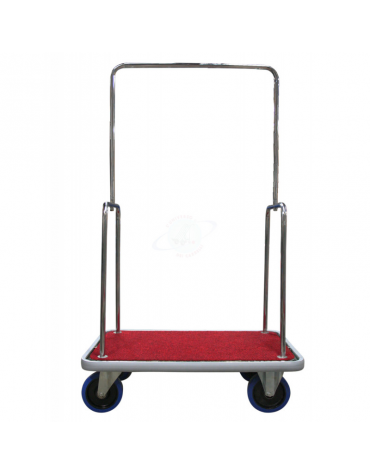 Carrello portabagagli "bus" in acciaio inox piano in moquette rossa -  4 ruote in gomma blu - Ø 20 - cm  60x103x170h