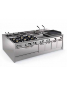 Cucina a gas 6 fuochi da banco in acciaio Inox con piano ermetico - potenza fuochi 4x10kw + 2x11Kw - cm 120x90x28h