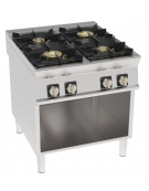 Cucina a gas 4 fuochi in acciaio Inox su vano aperto, con piano ermetico - potenza fuochi 2x10kw + 2x11Kw - cm 80x90x90h