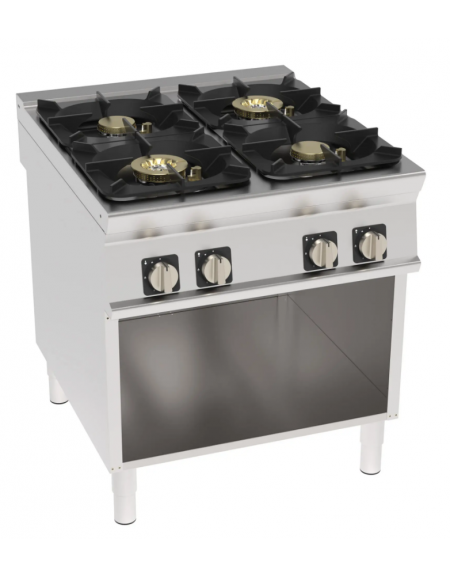 Cucina a gas 4 fuochi in acciaio Inox su vano aperto, con piano ermetico - potenza fuochi 2x10kw + 2x11Kw - cm 80x90x90h