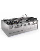 Cucina a gas 4 fuochi in acciaio Inox su vano aperto, con piano ermetico - potenza fuochi 2x10kw + 2x11Kw - cm 80x90x90h