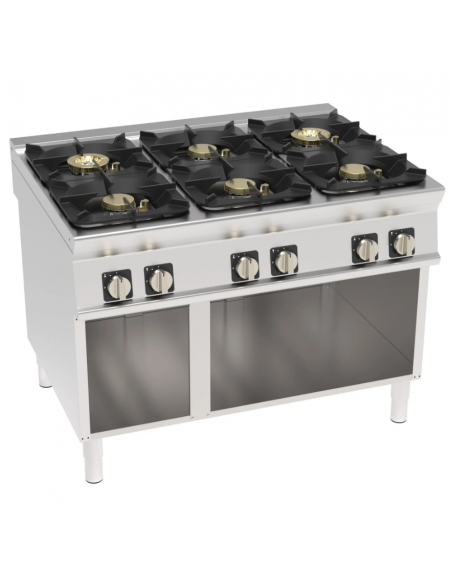 Cucina a gas 6 fuochi in acciaio Inox su vano aperto, con piano ermetico - potenza fuochi 4x10kw + 2x11Kw - cm 120x90x90h