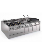 Cucina a gas 6 fuochi in acciaio Inox su vano aperto, con piano ermetico - potenza fuochi 4x10kw + 2x11Kw - cm 120x90x90h