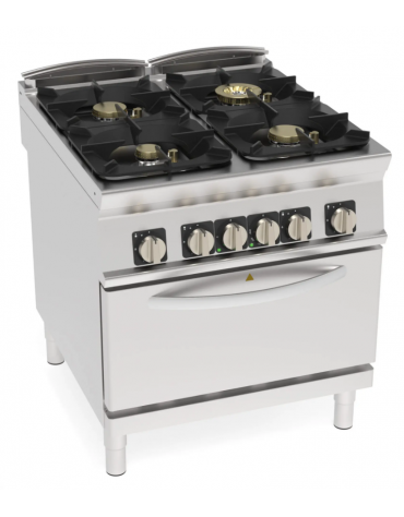Cucina a gas ermetica 4 fuochi, 1x6kw+2x10kw+1x11kkw - su forno elettrico statico GN 2/1, camera cm 57,5x65x30 - cm 80x90x90h