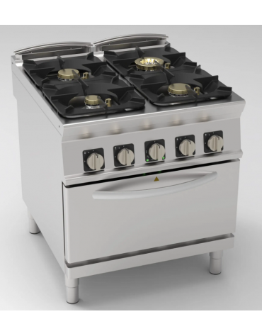 Cucina a gas ermetica 4 fuochi, potenza 1x6kw + 2x10kw + 1X11kw - su forno elettrico ventilato GN 1/1 - cm 80x90x90h