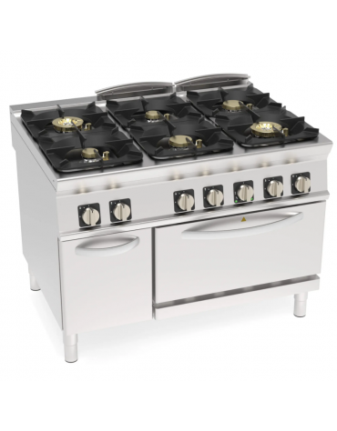 Cucina a gas ermetica 6 fuochi, potenza 2x6kw + 2x10kw + 2x11kw - su forno elettrico ventilato GN 1/1 - cm 120x90x90h