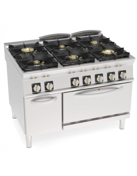 Cucina a gas ermetica 6 fuochi, potenza 2x6kw + 2x10kw + 2x11kw - su forno elettrico ventilato GN 1/1 - cm 120x90x90h