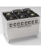 Cucina a gas ermetica 6 fuochi, pot. 2x6kw + 2x10kw + 2x11kw, su forno a gas statico full size e Grill elettrico - cm 120x90x90h