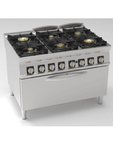 Cucina a gas ermetica 6 fuochi, pot. 2x6kw + 2x10kw + 2x11kw, su forno a gas statico full size e Grill elettrico - cm 120x90x90h