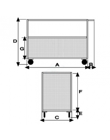Carrello con pianale - 4 sponde in rete zincata di cui 1 ribaltabile 4 ruote gomma piena Ø cm 20 - cm 75x115x65h