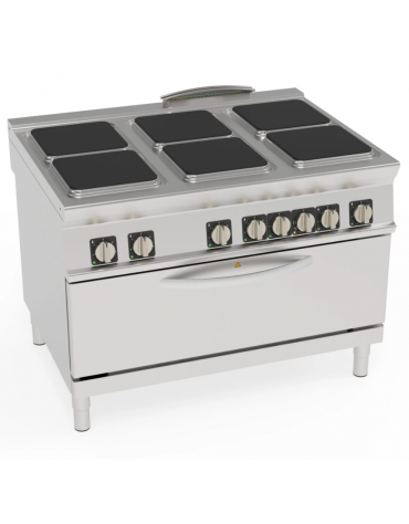 Cucina elettrica 6 piastre ermetiche quadrate, su forno elettrico statico full size - potenza Kw 30,3 trifase - cm 120x90x90h