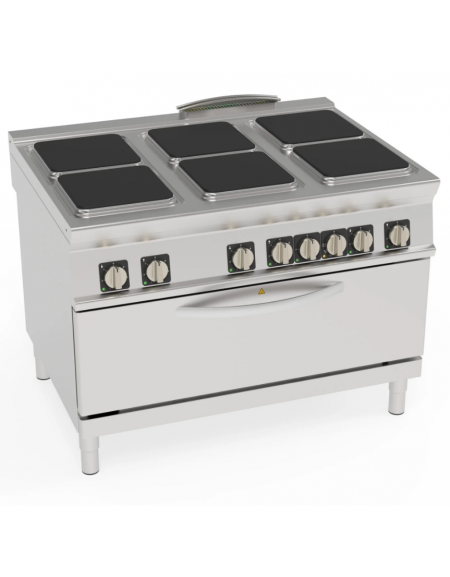 Cucina elettrica 6 piastre ermetiche quadrate, su forno elettrico statico full size - potenza tot. Kw 30,3 trifase - cm 120x90x9