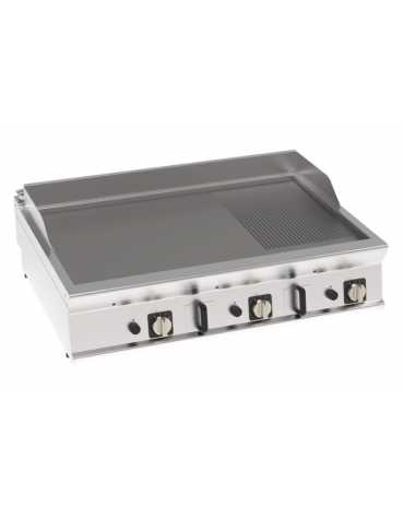 Fry-Top a gas da banco, 3 zone cottura - piastra 1/3 rigata + 2/3 liscia, dim. piastra cm 113x69 - gas Kw 24 - cm 120x90x28h