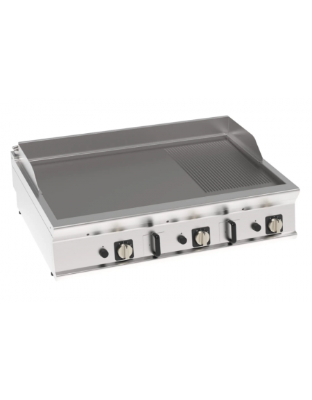 Fry-Top a gas da banco, 3 zone cottura - piastra 1/3 rigata + 2/3 liscia, piastra cm 113x69 - potenza Kw 24 - cm 120x90x28h