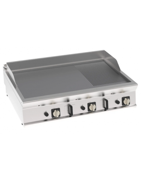 Fry-Top a gas da banco, piastra 2/3 liscia e 1/3 rigata cromata spazzolata, zona cottura cm 113x69 - gas Kw 24 - cm 120x90x28h