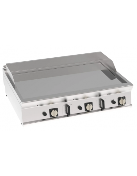 Fry-Top a gas da banco, 3 zone cottura, piastra liscia cromata cm 113x69, potenza gas Kw 24 - cm 120x90x28h