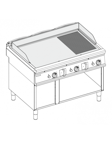 Fry-Top a gas su vano aperto - piastra 1/3 rigata + 2/3 liscia - zona cattura cm 113x69 - potenza gas Kw 24 - cm 120x90x90h