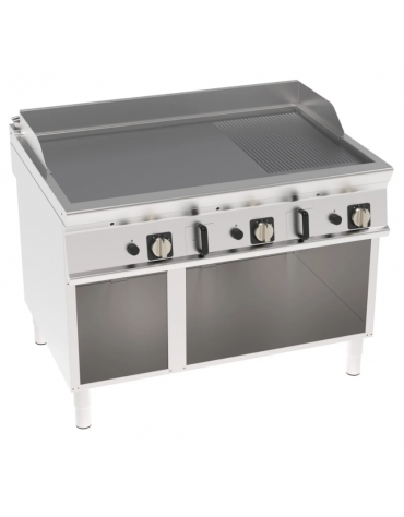 Fry-Top a gas su vano aperto, 2/3 liscio + 1/3 rigato cromato spazzolato, sup. cattura cm 113x69 - gas Kw 24 - cm 120x90x90h