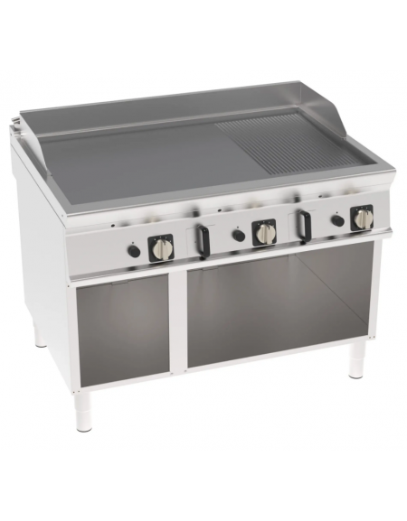 Fry-Top a gas su vano aperto, 2/3 liscio + 1/3 rigato cromato spazzolato, piano cottura cm 113x69 - gas Kw 24 - cm 120x90x90h