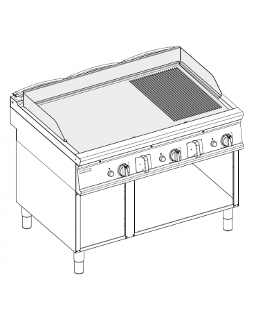 Fry-Top a gas su vano aperto, 2/3 liscio + 1/3 rigato cromato spazzolato, piano cottura cm 113x69 - gas Kw 24 - cm 120x90x90h