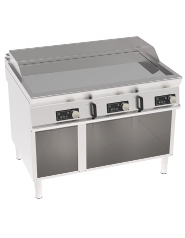 Fry top elettrico su vano aperto, 3 zone cottura, piastra liscia cromata, controllo elettronico - trifase 18kw - cm 120x90x90h