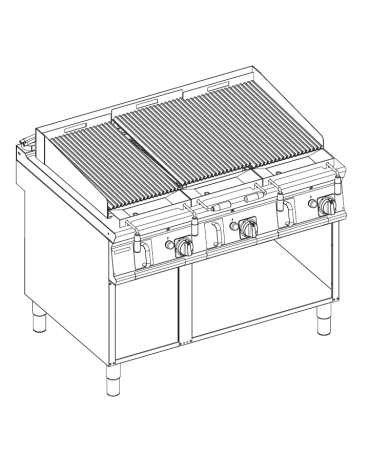 Griglia gas a pietra lavica su vano aperto - 3 griglie inox cm 62x36 cad. - potenza gas totale Kw 30 - cm 120x90x90h