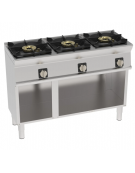 Cucina a gas 3 fuochi in acciaio Inox su vano aperto, con piano ermetico - potenza fuochi 3x11kw - cm 120x45x90h