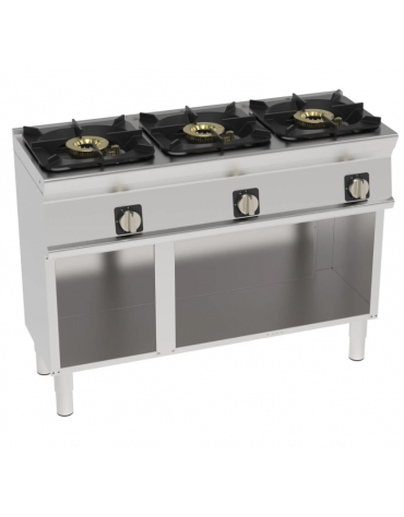 Cucina a gas 3 fuochi in acciaio Inox su vano aperto, con piano ermetico - potenza fuochi 3x11kw - cm 120x45x90h