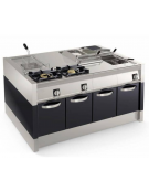 Cucina a gas 3 fuochi in acciaio Inox su vano aperto, con piano ermetico - potenza fuochi 3x11kw - cm 120x45x90h
