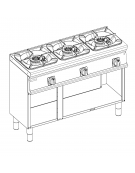 Cucina a gas 3 fuochi in acciaio Inox su vano aperto, con piano ermetico - potenza fuochi 3x11kw - cm 120x45x90h