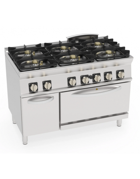 Cucina a gas ermetica 6 fuochi, 6x7,5kw - su forno a gas statico GN 2/1, camera cm 57,5x65x30 - cm 120x70x90h