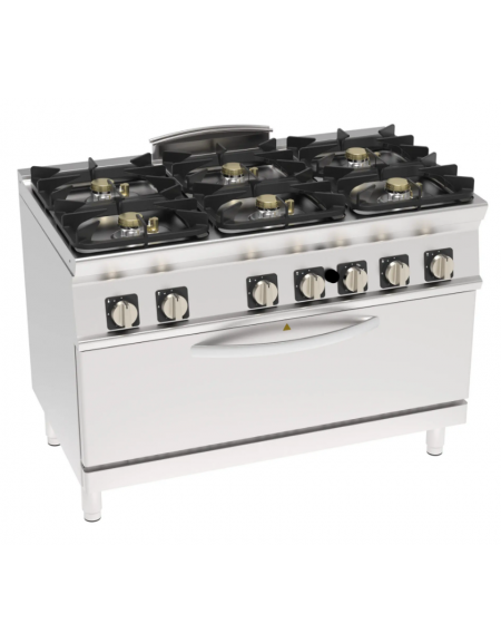 Cucina a gas ermetica 6 fuochi, potenza 6x7,5kw - su forno a gas statico full size - cm 120x70x90h