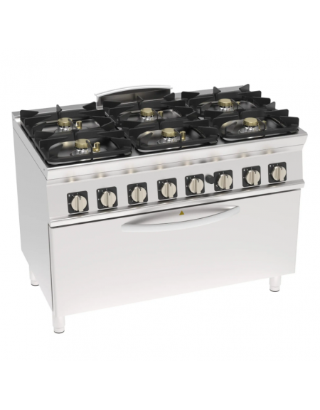Cucina a gas ermetica 6 fuochi, potenza 6x7,5kw - su forno a gas statico full size e Grill elettrico - cm 120x70x90h