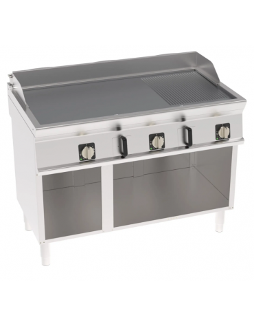 Fry-Top elettrico su vano aperto, 2/3 liscio + 1/3 rigato cromato spazzolato, 3 zone cottura - trifase Kw 11,7- cm 120x70x90h