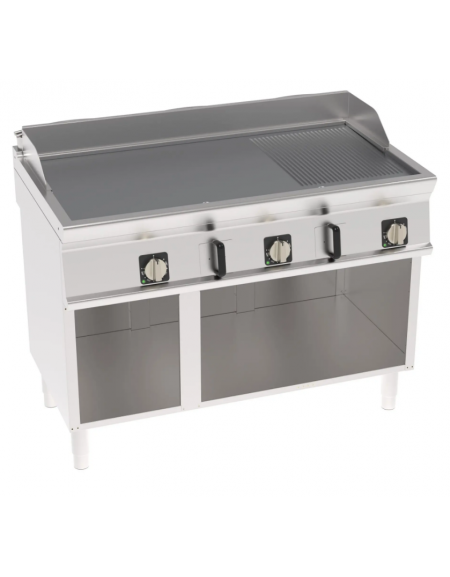 Fry-Top elettrico su vano aperto, 2/3 liscio + 1/3 rigato cromato spazzolato, 3 zone cottura - trifase Kw 11,7- cm 120x70x90h