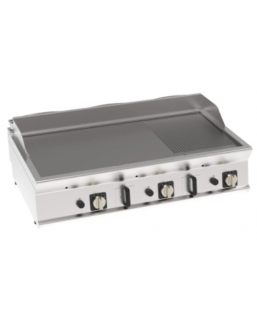 Fry-Top a gas da banco, 3 zone cottura - piastra 1/3 rigata + 2/3 liscia, piastra cm 113x56 - gas Kw 21,6 - cm 120x70x28h