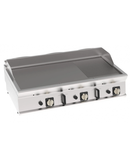 Fry-Top a gas da banco, 3 zone cottura - piastra 1/3 rigata + 2/3 liscia, dim. piastra cm 113x56 - gas Kw 21,6 - cm 120x70x28h