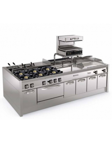 Fry-Top a gas da banco, 3 zone cottura - piastra 1/3 rigata + 2/3 liscia, dim. piastra cm 113x56 - gas Kw 21,6 - cm 120x70x28h