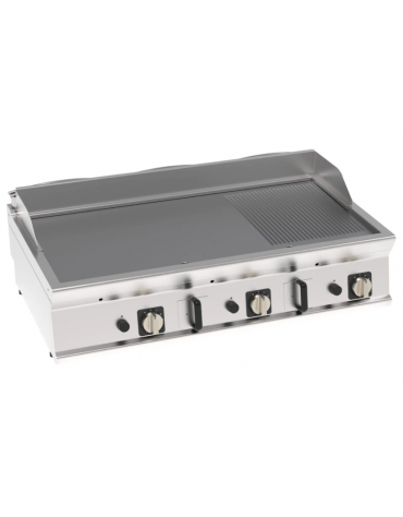 Fry-Top a gas da banco, piastra 2/3 liscia e 1/3 rigata cromata spazzolata, zona cottura cm 113x56 - gas Kw 21,6 - cm 120x70x28h