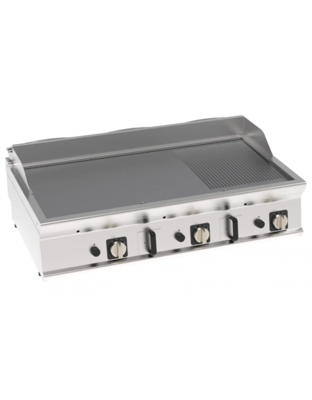 Fry-Top a gas da banco, piastra 2/3 liscia e 1/3 rigata cromata spazzolata, zona cottura cm 113x56 - gas Kw 21,6 - cm 120x70x28h