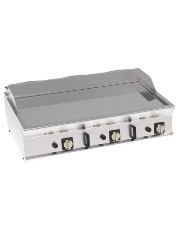 Fry-Top a gas da banco, 3 zone cottura, piastra liscia cromata cm 113x56, potenza gas Kw 21,6- cm 120x70x28h