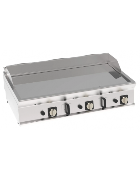 Fry-Top a gas da banco, 3 zone cottura, piastra liscia cromata cm 113x56, potenza gas Kw 21,6- cm 120x70x28h