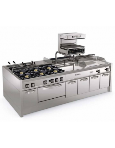 Fry-Top a gas da banco, 3 zone cottura, piastra liscia cromata cm 113x56, potenza gas Kw 21,6- cm 120x70x28h