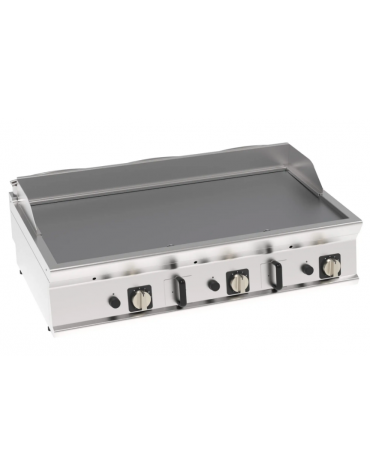 Fry-Top a gas da banco, 3 zone cottura, piastra liscia cromata spazzolata cm 113x56, potenza gas Kw 21,6 - cm 120x70x28h