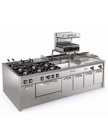 Fry-Top a gas da banco, 3 zone cottura, piastra liscia cromata spazzolata cm 113x56, potenza gas Kw 21,6 - cm 120x70x28h