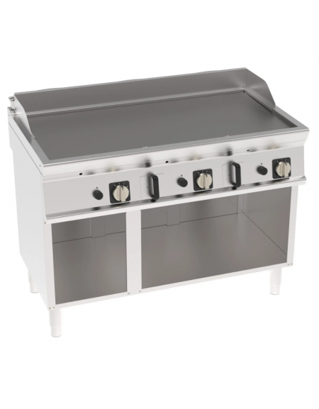 Fry-Top a gas su vano aperto, 3 zone cottura, piastra liscia cromata spazzolata cm 113x56, potenza gas Kw 21,6 - cm 120x70x90h