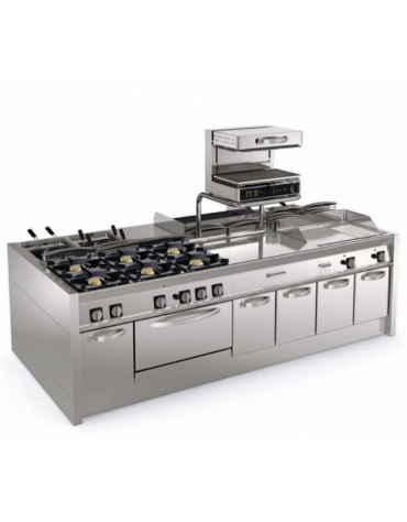Fry-Top a gas su vano aperto, 3 zone cottura, piastra liscia cromata spazzolata cm 113x56, potenza gas Kw 21,6 - cm 120x70x90h