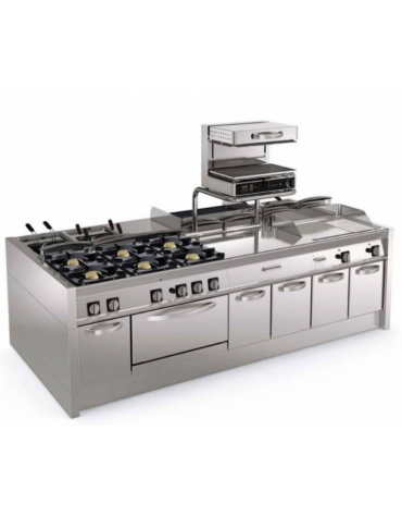 Fry-Top a gas su vano aperto - piastra 1/3 rigata + 2/3 liscia - zona cattura cm 113x56 - potenza gas Kw 21,6 - cm 120x70x90h