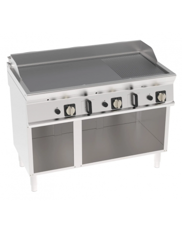Fry-Top a gas su vano aperto, 2/3 liscio + 1/3 rigato cromato spazzolato - zona cottura cm 113x56 - gas Kw 21,6 - cm 120x70x90h